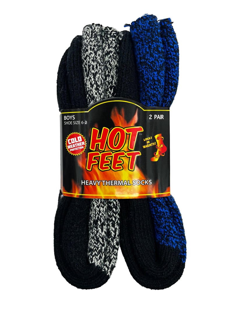 HOT FEET Kids Thermal Socks â€“ Thick Warm Winter Socks for Boys & Girls, Cozy & Insulated, 2 Pack Stocking stuffers, shoe size 2-6, Black/Blue Marl and Black/Grey Marl - Image 1